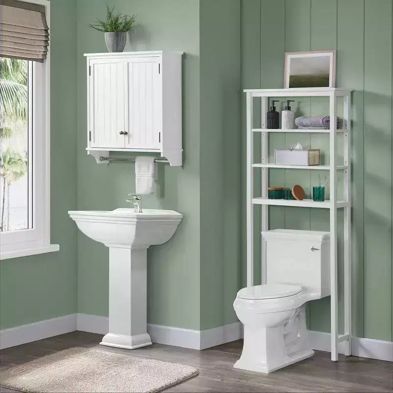Meuble de Rangement Mural pour Salle de Bain avec Deux Portes et Barre Porte-Serviettes Blanc