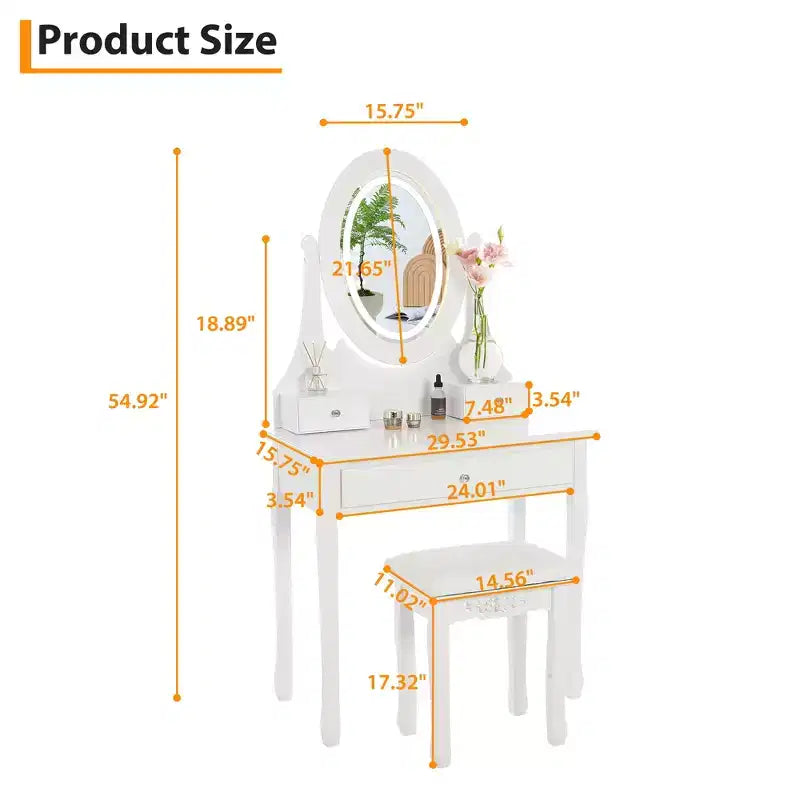 Coiffeuse avec Lumières, Table de Maquillage en Bois avec Miroir Ovale et Tabouret, Coiffeuse Moderne de Chambre à Coucher avec 5 Grands Tiroirs pour Filles