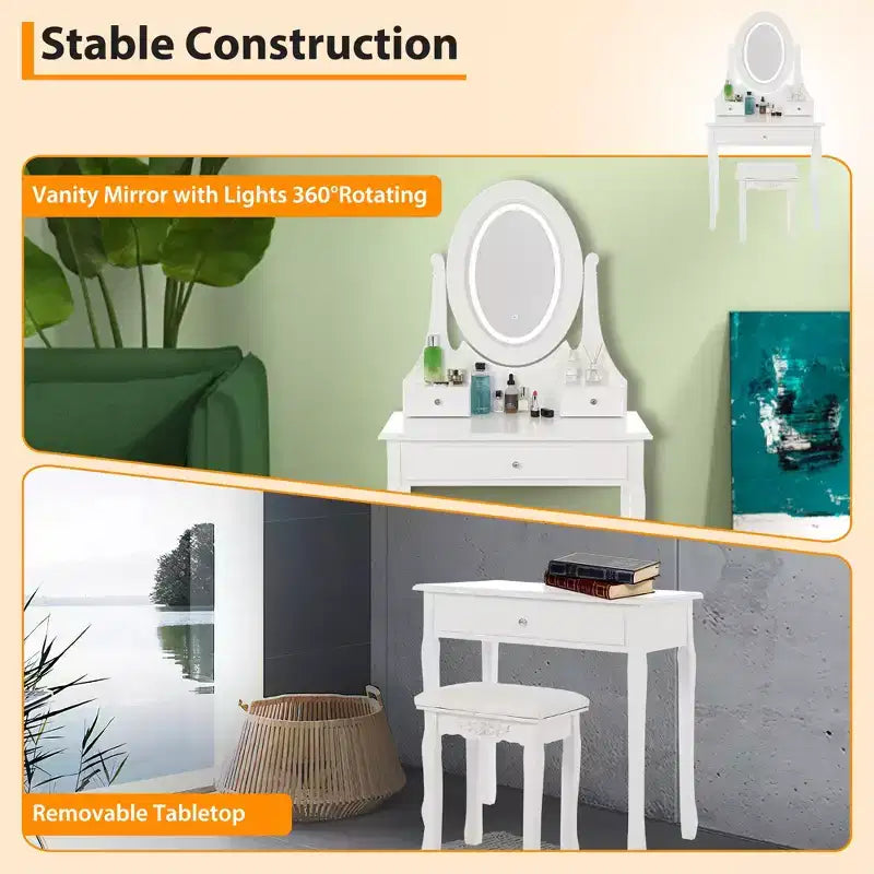 Coiffeuse avec Lumières, Table de Maquillage en Bois avec Miroir Ovale et Tabouret, Coiffeuse Moderne de Chambre à Coucher avec 5 Grands Tiroirs pour Filles