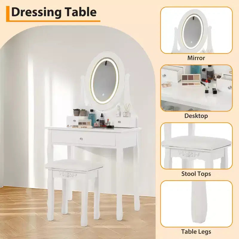 Coiffeuse avec Lumières, Table de Maquillage en Bois avec Miroir Ovale et Tabouret, Coiffeuse Moderne de Chambre à Coucher avec 5 Grands Tiroirs pour Filles