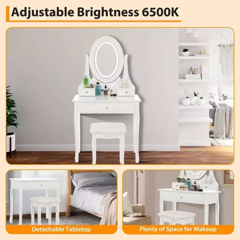 Coiffeuse avec Lumières, Table de Maquillage en Bois avec Miroir Ovale et Tabouret, Coiffeuse Moderne de Chambre à Coucher avec 5 Grands Tiroirs pour Filles