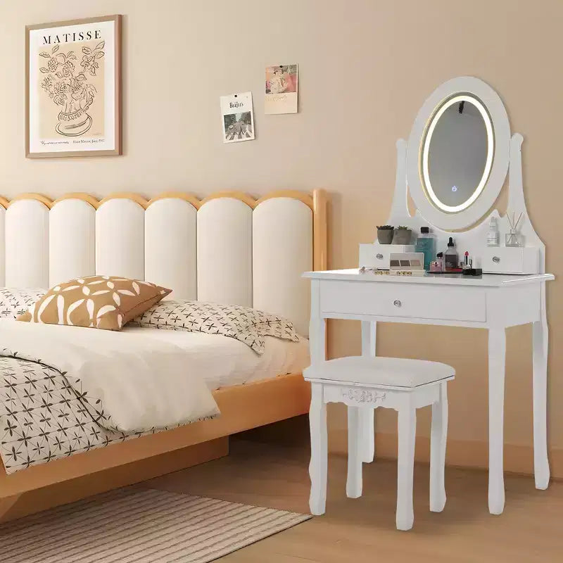 Coiffeuse avec Lumières, Table de Maquillage en Bois avec Miroir Ovale et Tabouret, Coiffeuse Moderne de Chambre à Coucher avec 5 Grands Tiroirs pour Filles