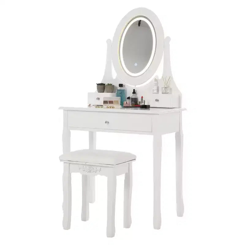 Coiffeuse avec Lumières, Table de Maquillage en Bois avec Miroir Ovale et Tabouret, Coiffeuse Moderne de Chambre à Coucher avec 5 Grands Tiroirs pour Filles