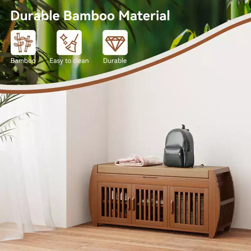 Banc à chaussures extra large de 40,2 po avec rangement - Conception à 3 portes, rangement pour bottes et compartiment caché, bambou marron