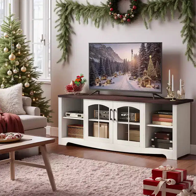 Meuble TV en bois de 58 po avec portes vitrées et étagères réglables