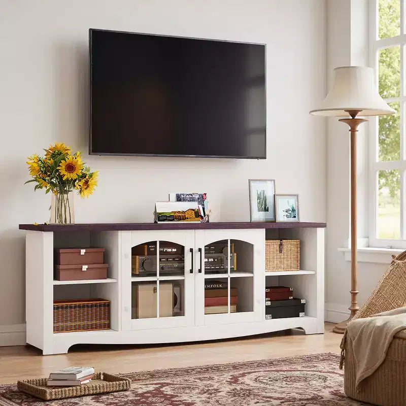 Meuble TV en bois de 58 po avec portes vitrées et étagères réglables