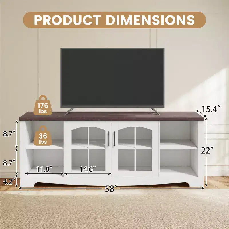 Meuble TV en bois de 58 po avec portes vitrées et étagères réglables