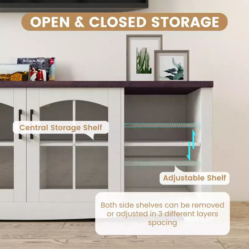 Meuble TV en bois de 58 po avec portes vitrées et étagères réglables
