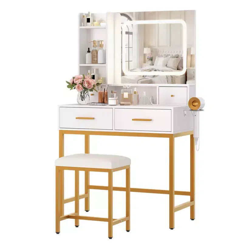 Coiffeuse avec miroir et lumières, 4 tiroirs, 2 étagères de rangement, station de charge intégrée, coiffeuse blanche et or avec lumière LED