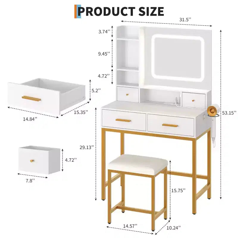 Coiffeuse avec miroir et lumières, 4 tiroirs, 2 étagères de rangement, station de charge intégrée, coiffeuse blanche et or avec lumière LED