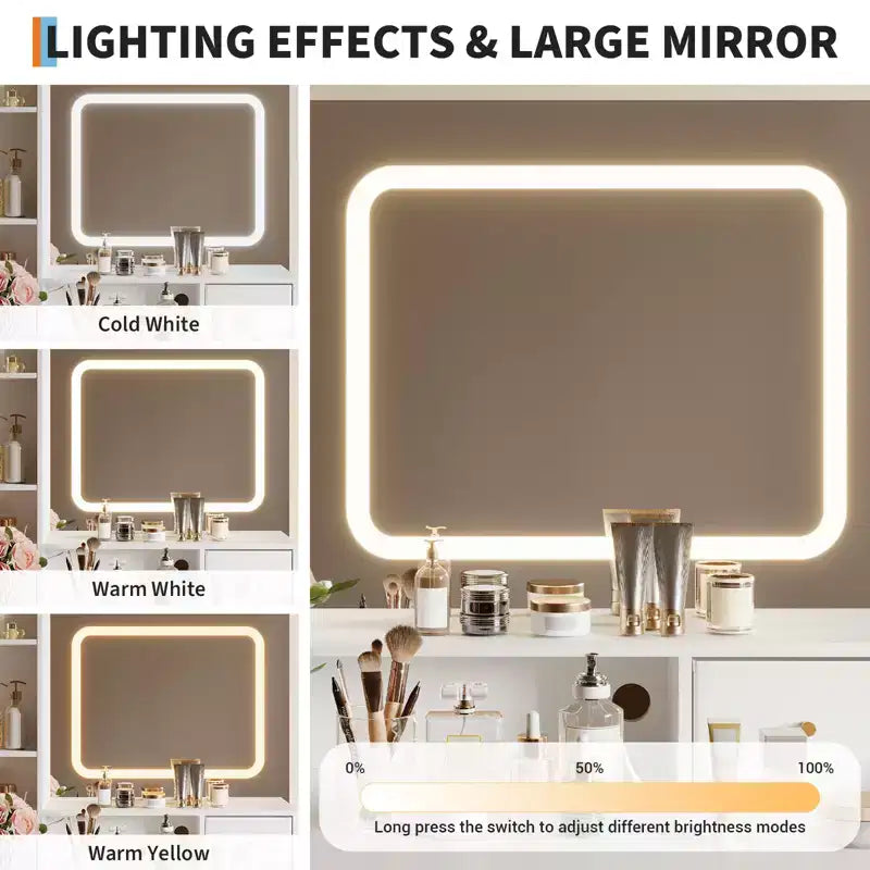 Coiffeuse avec miroir et lumières, 4 tiroirs, 2 étagères de rangement, station de charge intégrée, coiffeuse blanche et or avec lumière LED
