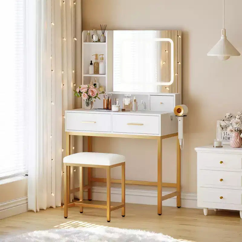 Coiffeuse avec miroir et lumières, 4 tiroirs, 2 étagères de rangement, station de charge intégrée, coiffeuse blanche et or avec lumière LED