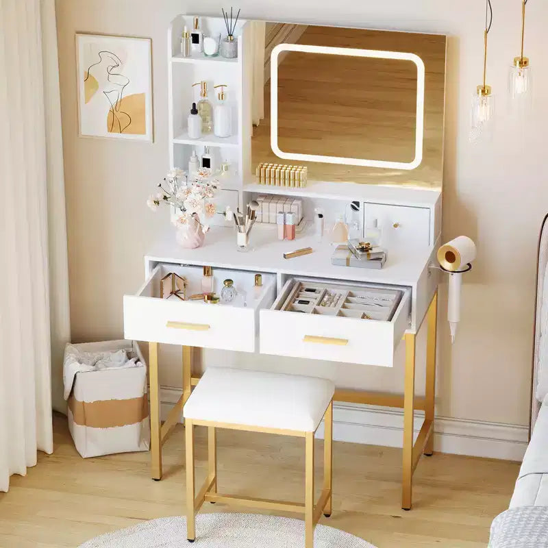 Coiffeuse avec miroir et lumières, 4 tiroirs, 2 étagères de rangement, station de charge intégrée, coiffeuse blanche et or avec lumière LED