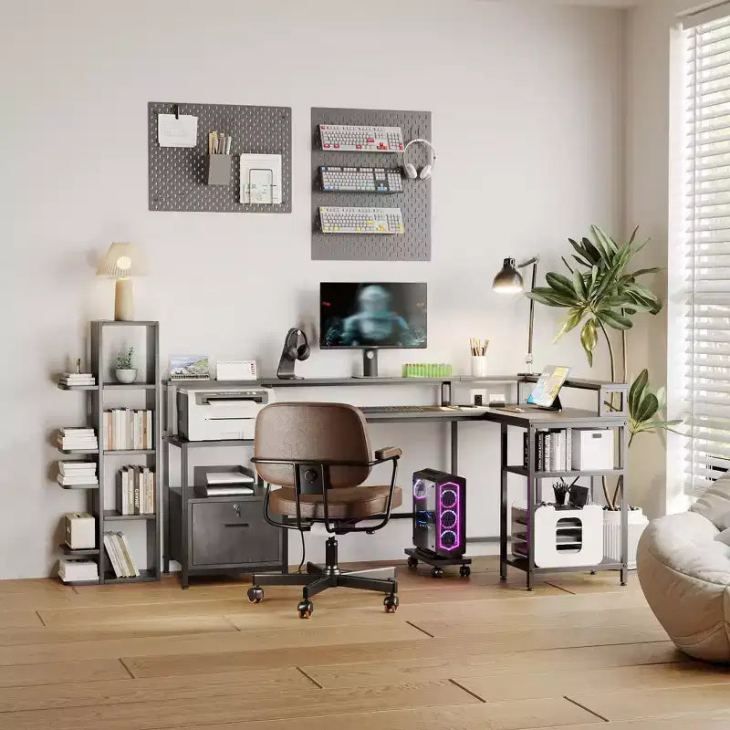 Bureau d'angle en L de 76 pouces, bureau réversible avec tiroir de classement pour le bureau à domicile, bureau d'angle avec rangement et prise de courant, bureau avec étagère pour moniteur