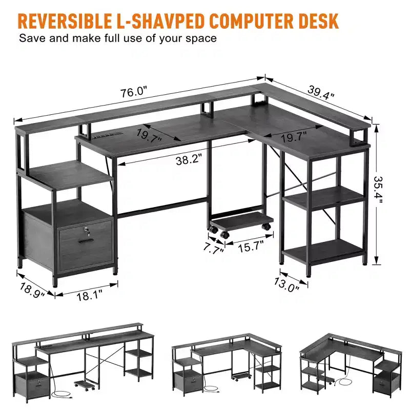 Bureau d'angle en L de 76 pouces, bureau réversible avec tiroir de classement pour le bureau à domicile, bureau d'angle avec rangement et prise de courant, bureau avec étagère pour moniteur