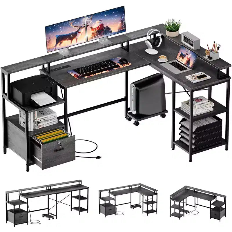 Bureau d'angle en L de 76 pouces, bureau réversible avec tiroir de classement pour le bureau à domicile, bureau d'angle avec rangement et prise de courant, bureau avec étagère pour moniteur
