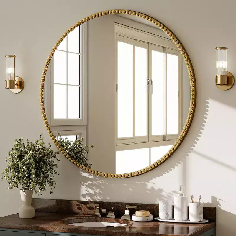 Miroir mural rond 24x24 avec cadre en résine perlé antique pour coiffeuse