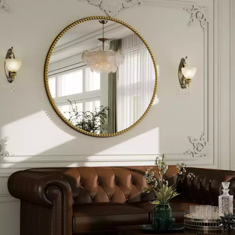 Miroir mural rond 24x24 avec cadre en résine perlé antique pour coiffeuse