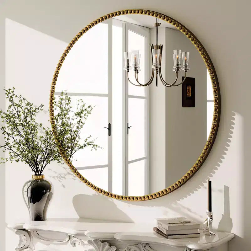Miroir mural rond 24x24 avec cadre en résine perlé antique pour coiffeuse