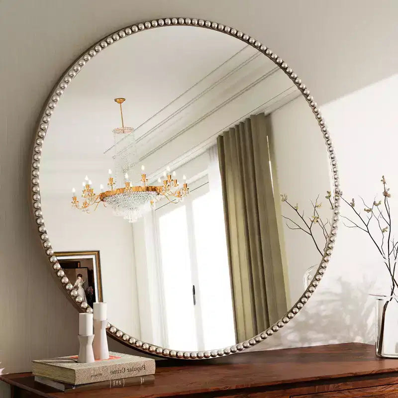 Miroir mural rond 24x24 avec cadre en résine perlé antique pour coiffeuse