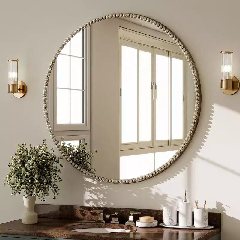 Miroir mural rond 24x24 avec cadre en résine perlé antique pour coiffeuse