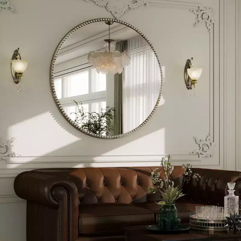 Miroir mural rond 24x24 avec cadre en résine perlé antique pour coiffeuse