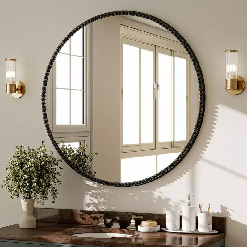Miroir mural rond 24x24 avec cadre en résine perlé antique pour coiffeuse
