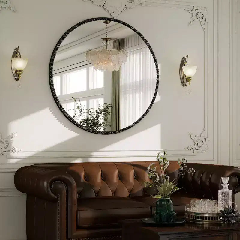 Miroir mural rond 24x24 avec cadre en résine perlé antique pour coiffeuse