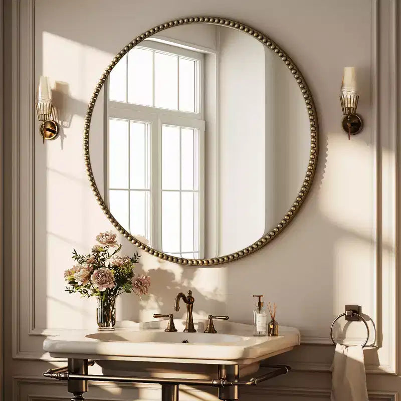 Miroir mural rond 24x24 avec cadre en résine perlé antique pour coiffeuse