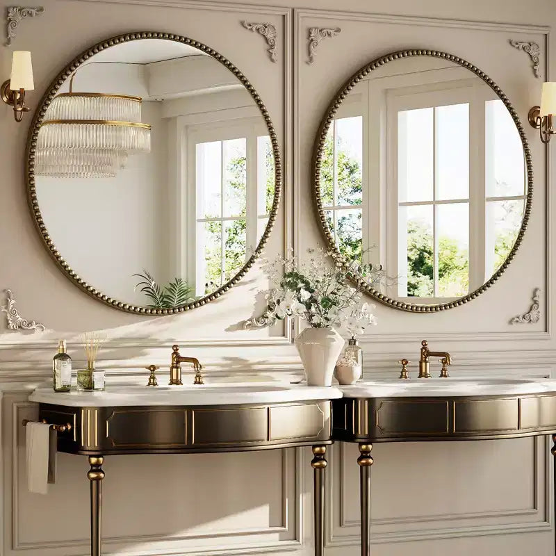 Miroir mural rond 24x24 avec cadre en résine perlé antique pour coiffeuse