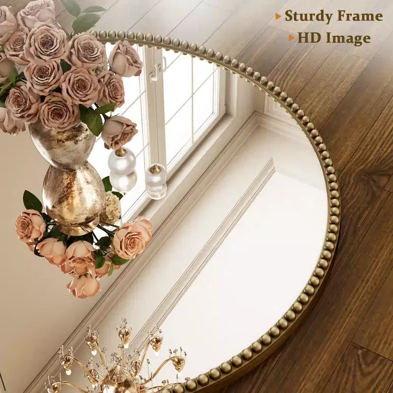 Miroir mural rond 24x24 avec cadre en résine perlé antique pour coiffeuse