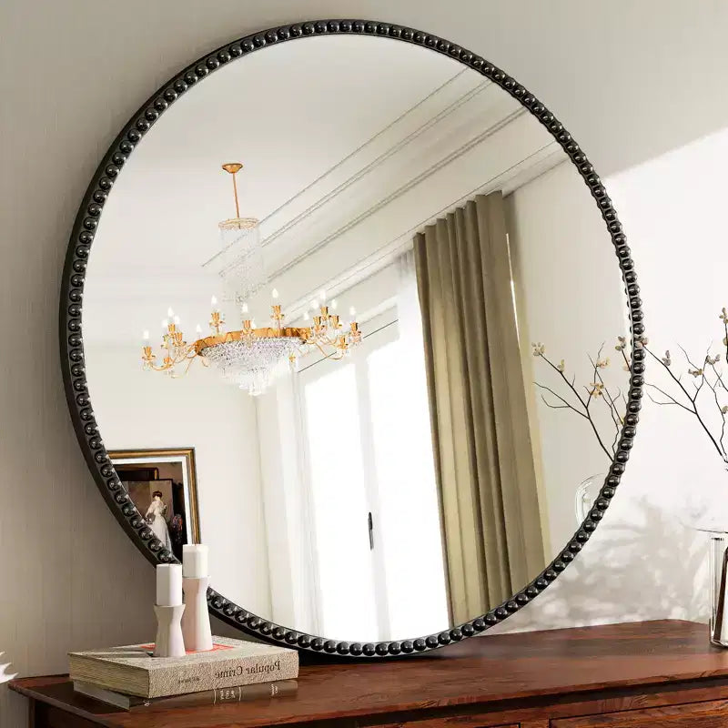 Miroir mural rond 24x24 avec cadre en résine perlé antique pour coiffeuse