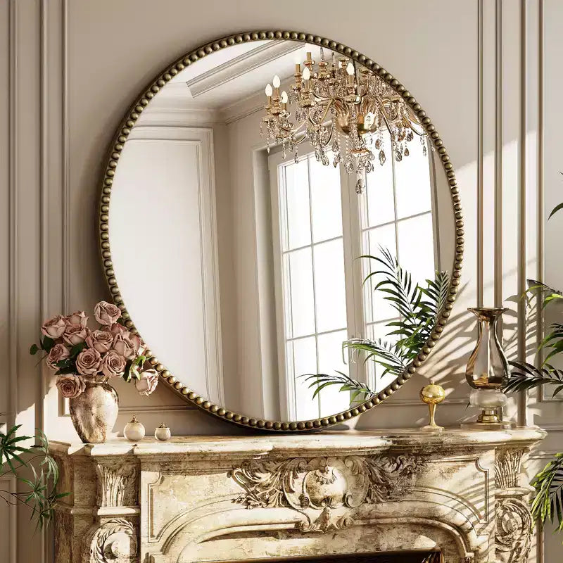 Miroir mural rond 24x24 avec cadre en résine perlé antique pour coiffeuse