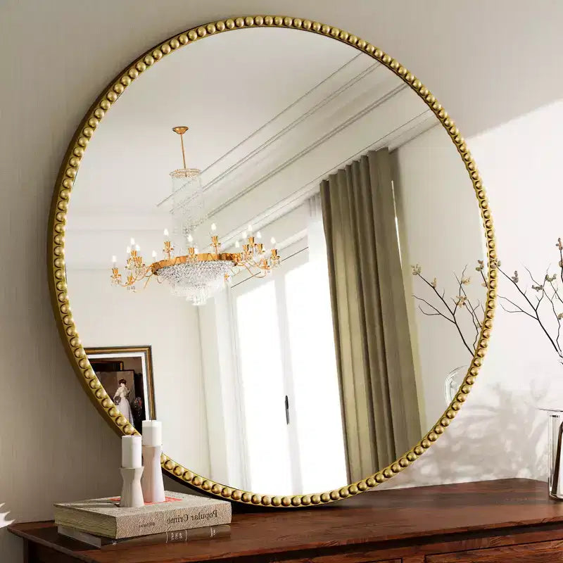 Miroir mural rond 24x24 avec cadre en résine perlé antique pour coiffeuse