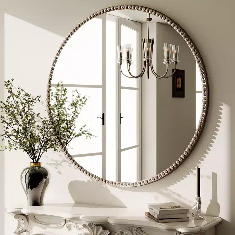 Miroir mural rond 24x24 avec cadre en résine perlé antique pour coiffeuse