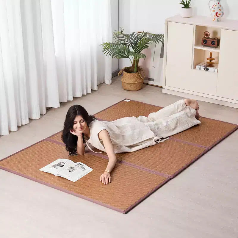 Tapis Tatami Japonais, 80 x 55 po Tapis Tatami Pliable en Rotin Naturel Tressé à la Main, Antidérapant & Facilement Nettoyable, Marron