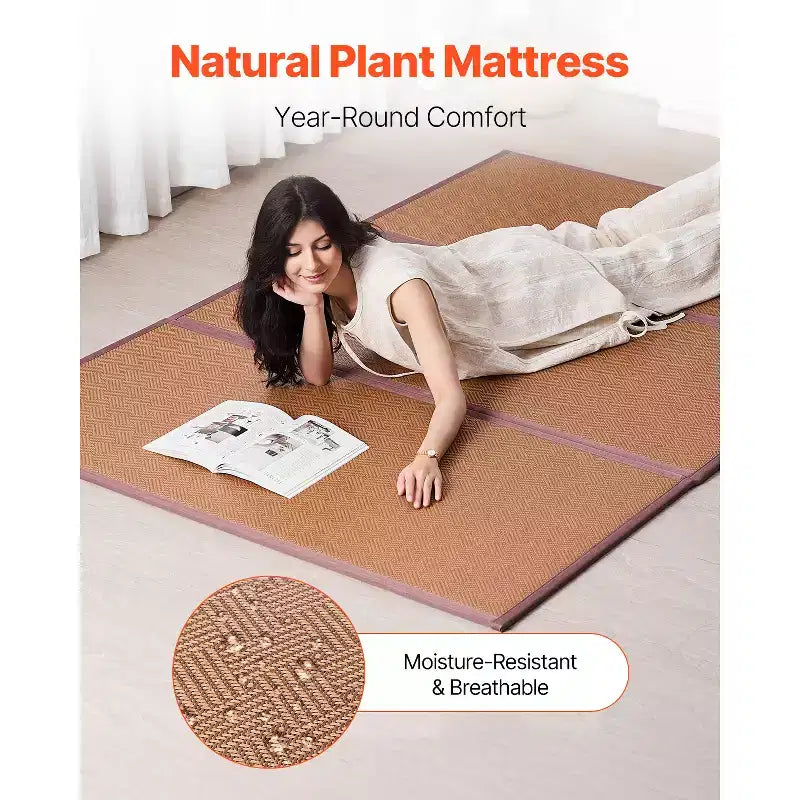 Tapis Tatami Japonais, 80 x 55 po Tapis Tatami Pliable en Rotin Naturel Tressé à la Main, Antidérapant & Facilement Nettoyable, Marron