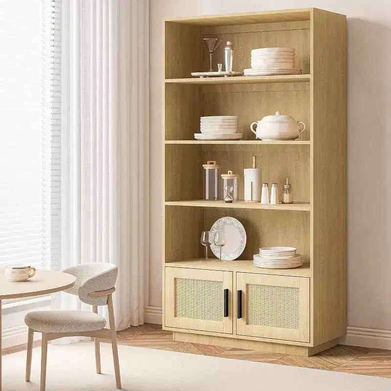 Bibliothèque bohème à 5 niveaux en bois avec portes en rotin