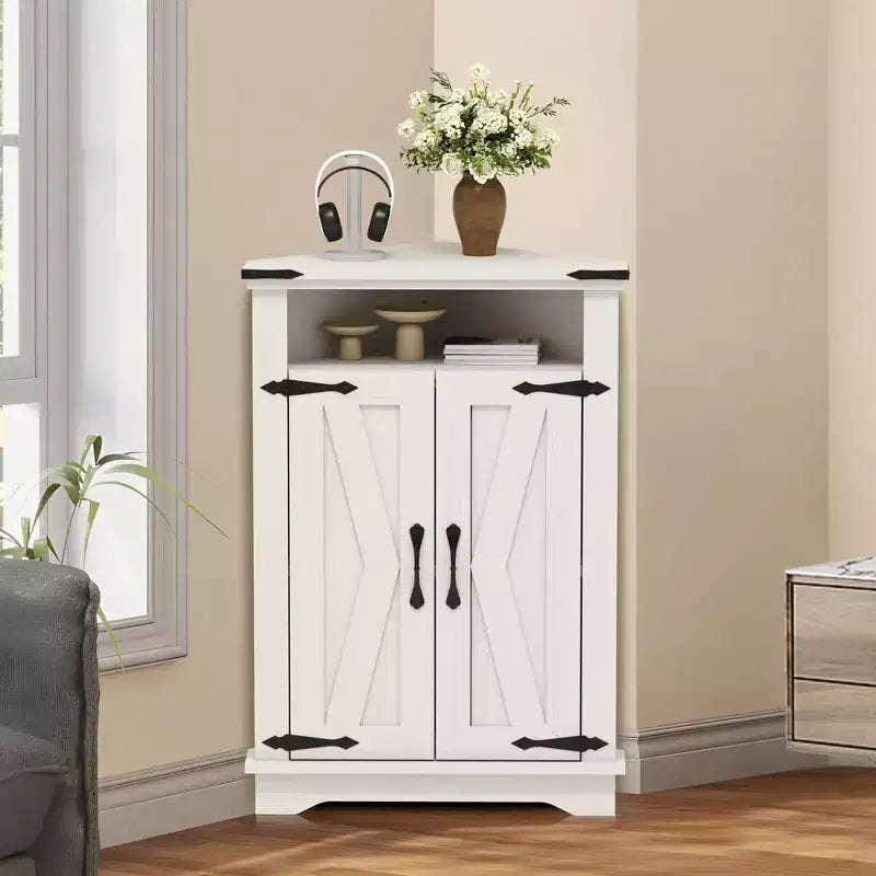 Meuble d'angle de salle de bain, petit meuble d'angle avec portes coulissantes et étagère réglable, table de salle de bain de style ferme pour petites cuisines et salons