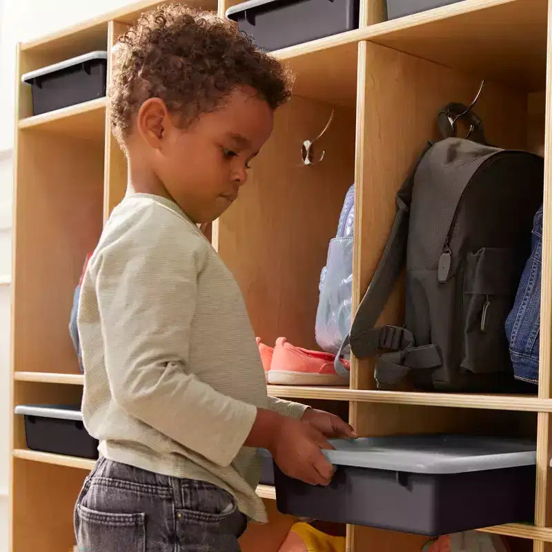 Vestiaire de rangement à 10 sections et 10 bacs format lettre avec couvercles, mobilier pour enfants