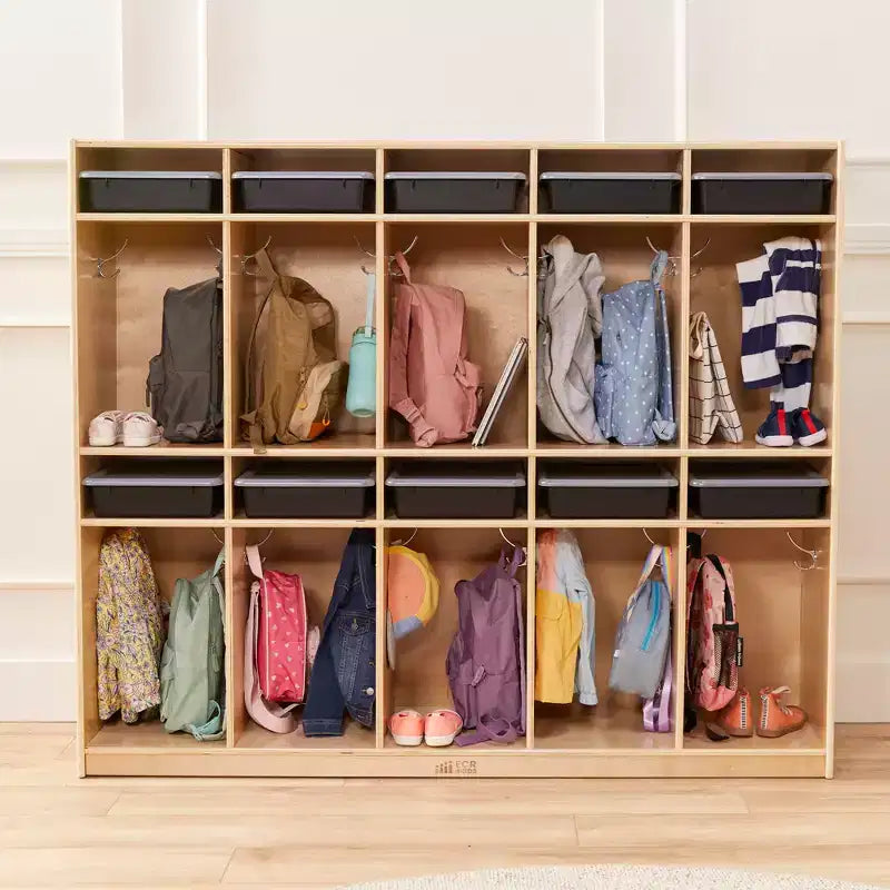 Vestiaire de rangement à 10 sections et 10 bacs format lettre avec couvercles, mobilier pour enfants
