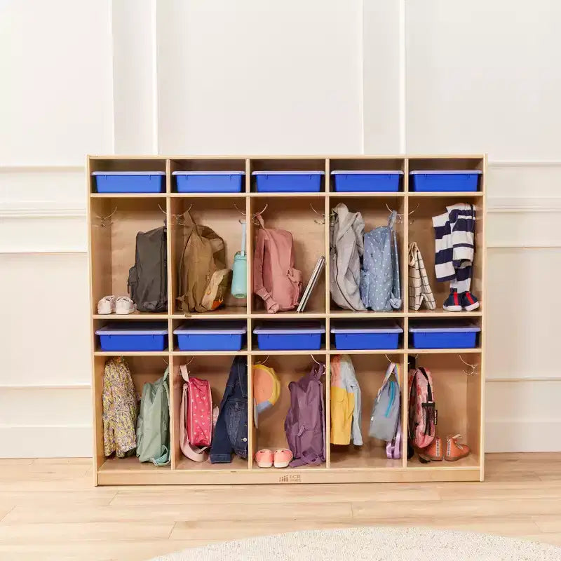 Vestiaire de rangement à 10 sections et 10 bacs format lettre avec couvercles, mobilier pour enfants