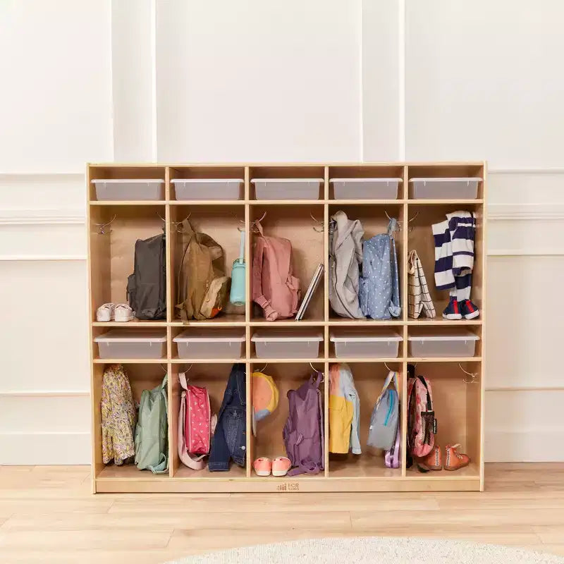 Vestiaire de rangement à 10 sections et 10 bacs format lettre avec couvercles, mobilier pour enfants