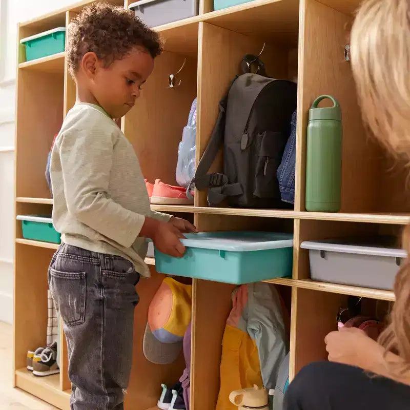 Vestiaire de rangement à 10 sections et 10 bacs format lettre avec couvercles, mobilier pour enfants