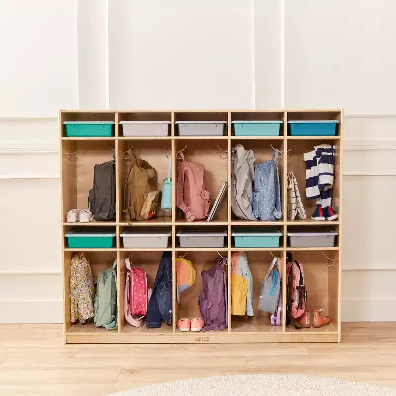 Vestiaire de rangement à 10 sections et 10 bacs format lettre avec couvercles, mobilier pour enfants