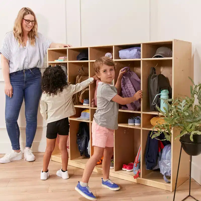 Vestiaire de rangement à 10 sections et 10 bacs format lettre avec couvercles, mobilier pour enfants