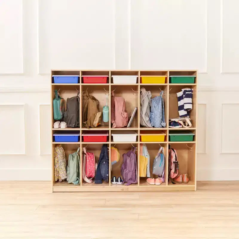 Vestiaire de rangement à 10 sections et 10 bacs format lettre avec couvercles, mobilier pour enfants
