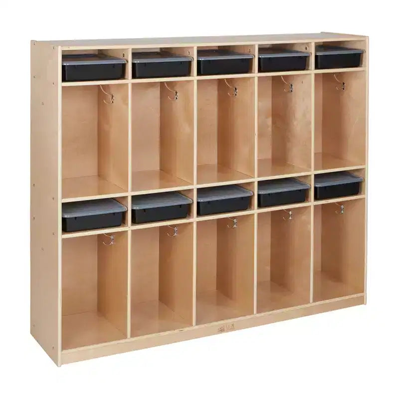Vestiaire de rangement à 10 sections et 10 bacs format lettre avec couvercles, mobilier pour enfants