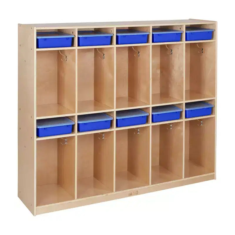 Vestiaire de rangement à 10 sections et 10 bacs format lettre avec couvercles, mobilier pour enfants
