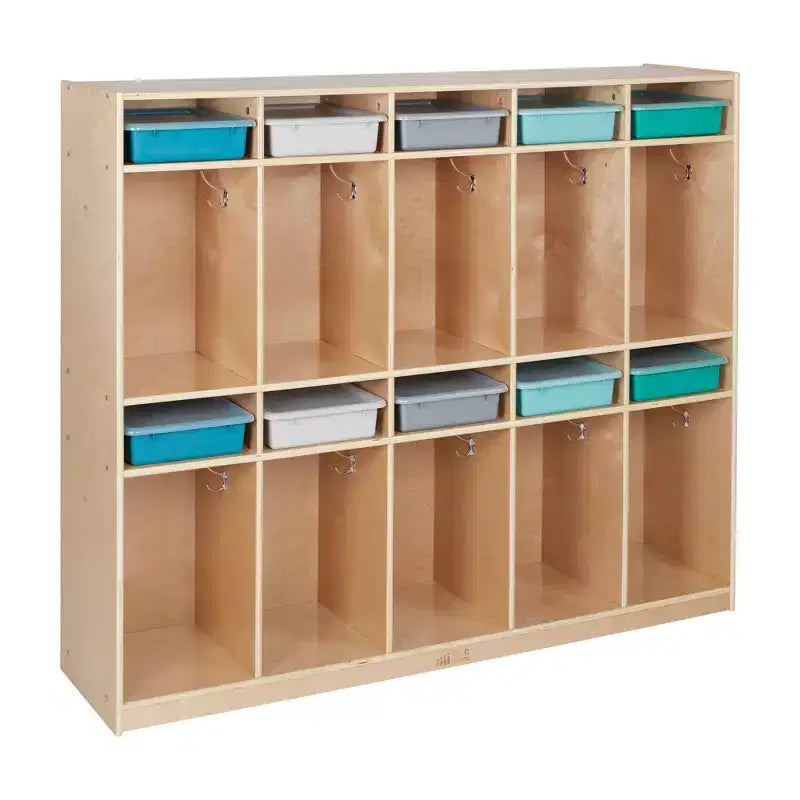Vestiaire de rangement à 10 sections et 10 bacs format lettre avec couvercles, mobilier pour enfants